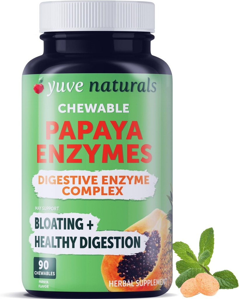 Yuve Naturals Chewable Papaya Enzymes - Sugar-Free Plant-Based Digestive Enzyme Complex for Gas, Bloating & Post-Meal Comfort - Vegan, Non-GMO, Gluten-Free - 90ct