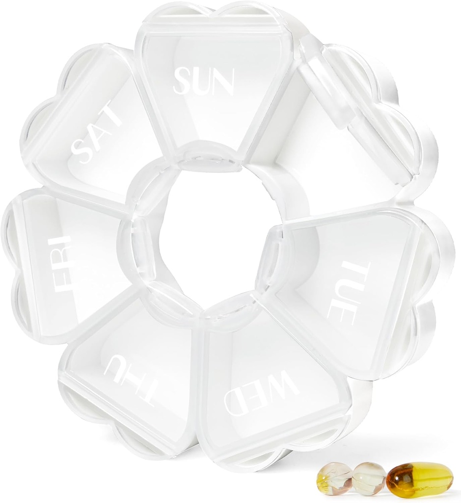 MOLN HYMY Large Weekly Pill Box 7 Day, Cute Pill Case Organizer 1 gång om dagen, Blompiller Container En gång dagligen, Ganska Medicin Dispenser för vitamin / fiskolja / Läkemedel / Tillskott (vit)