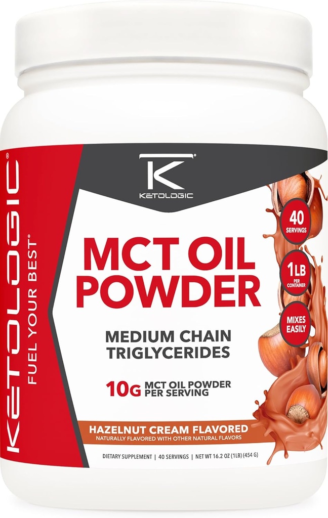 Ketologic MCT Oil Powder Hazelnut Cream (1 LB) - Keto Coffee Creamer & Energy Support - 41 portioner av Medium Chain Triglycerides för Focus & Fuel