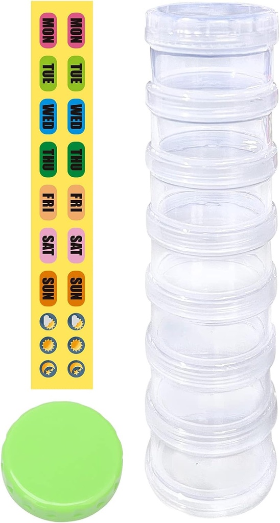 7 Day Pill Organizer Case Stackable Weekly Supplements Vitamins Pills Holder Dispenser Extra Clear Transparent med Label och One More Lids- Large