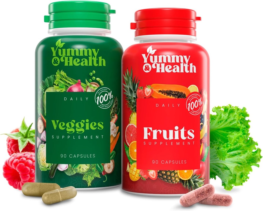Yummy & Health Fruits & Veggies kapslar – 33+ Hela superfoods från frukter och grönsaker | 90 frukt + 90 Veggie kapslar | Vegan, icke-GMO, glutenfri | Plantbaserade näringsämnen och fiber