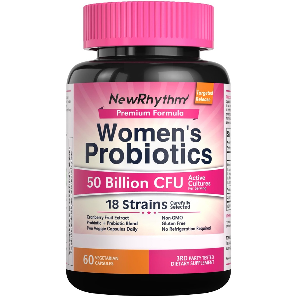 NewRhythm Women's Probiotics, Organic Cranberry för kvinnors vaginal hälsa, 50 miljarder CFU 18 stammar, probiotika och prebiotika, stöd Digestive Health, 60 Vegan kapslar