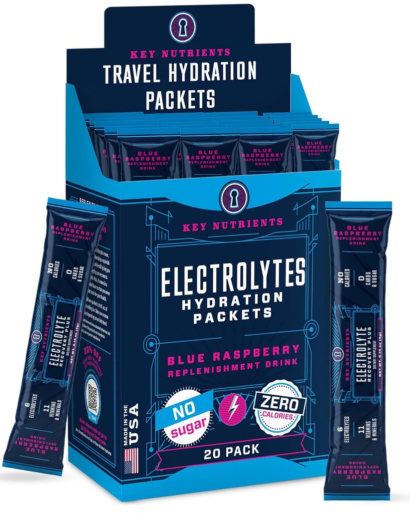 KEY NUTRIENTS Electrolytes Powder Packets 20 Pack - No Sugar, Delicious Blue Raspberry, Hydration Packets med Electrolyte Powder för uppfriskande Electrolyte Drink Mix Packets - Zero Calories
