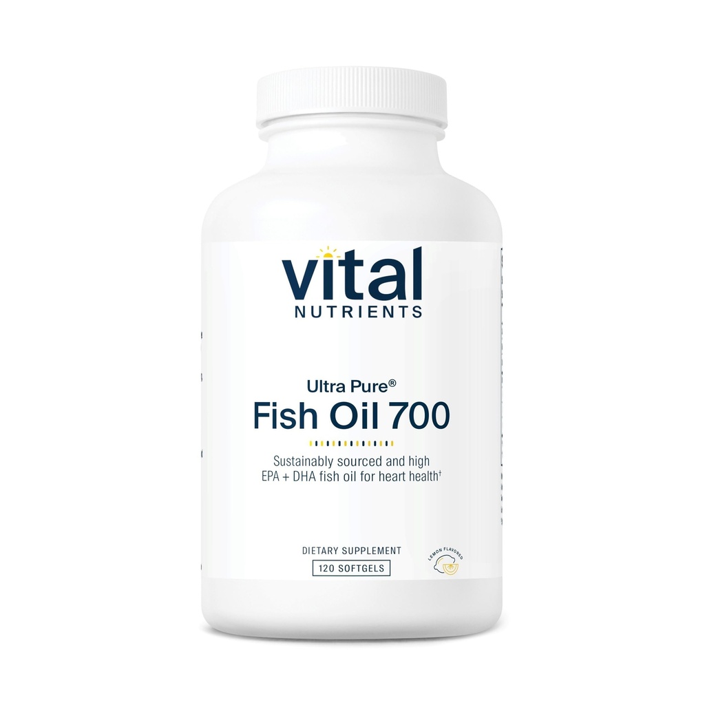Vital Nutrients Ultra Pure Fish Oil 700 - Stöder hjärta, hjärna och gemensam hälsa * - Hållbart källad hög EPA & DHA Omega-3 Fatty Acid - Lemon Flavor - Gluten, Dairy & Soy Free - 120 Softgels