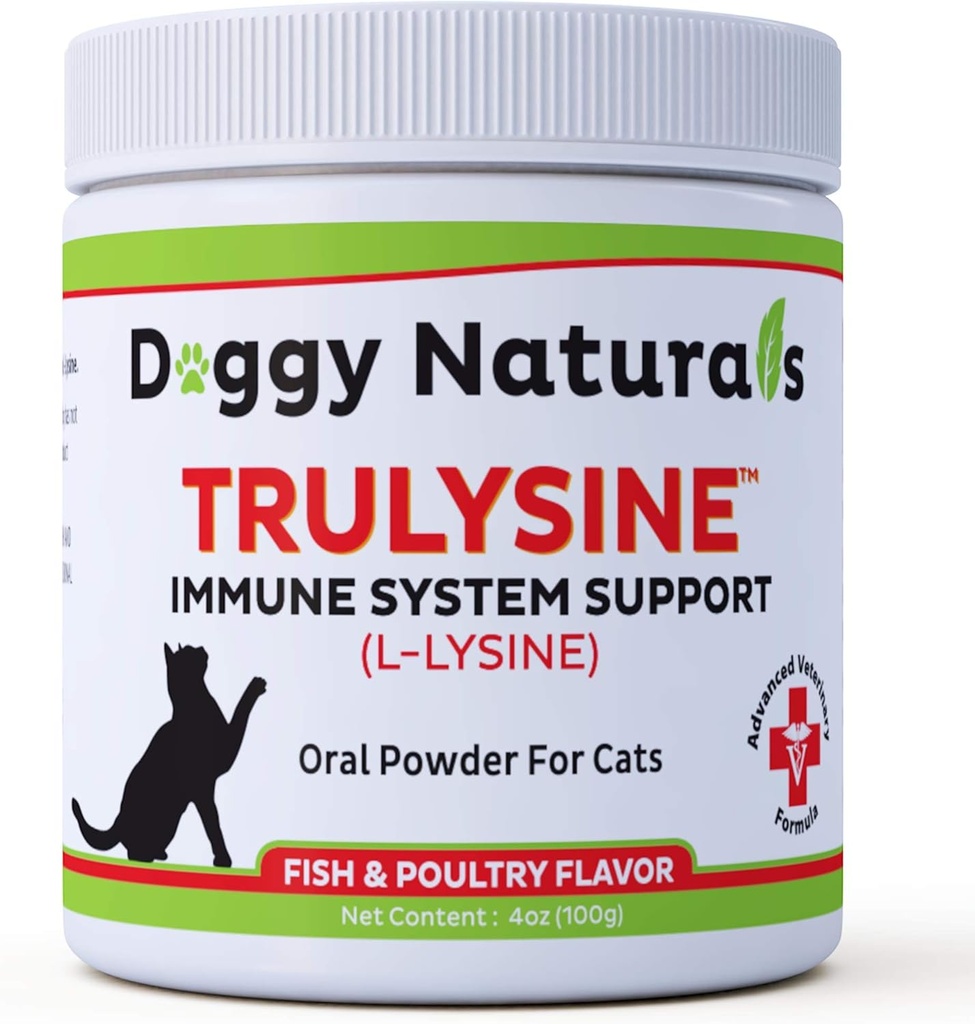 Trulysine L-Lysine för katter Immune Support Oral Powder 4oz/100g - Katter och kattungar av all ålder, Sneezing, Runny Nose Squinting, Watery Eyes - Fish & Poultry Flavor (USA) (100 Grams (500mg / Scoop))