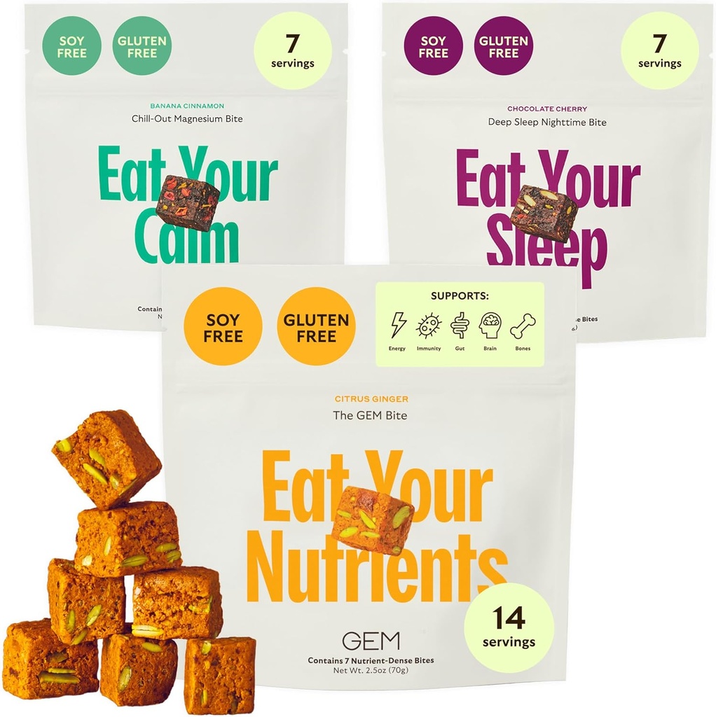 GEM Bite Complete Routine Variety Pack med Daily Multivitamin (14 Bites), Chill-Out Calm (7 Chews) & Deep Sleep Aid (7 Chews) | Stöder Gut, Skin, Brain, Bone, Sleep, Immunity