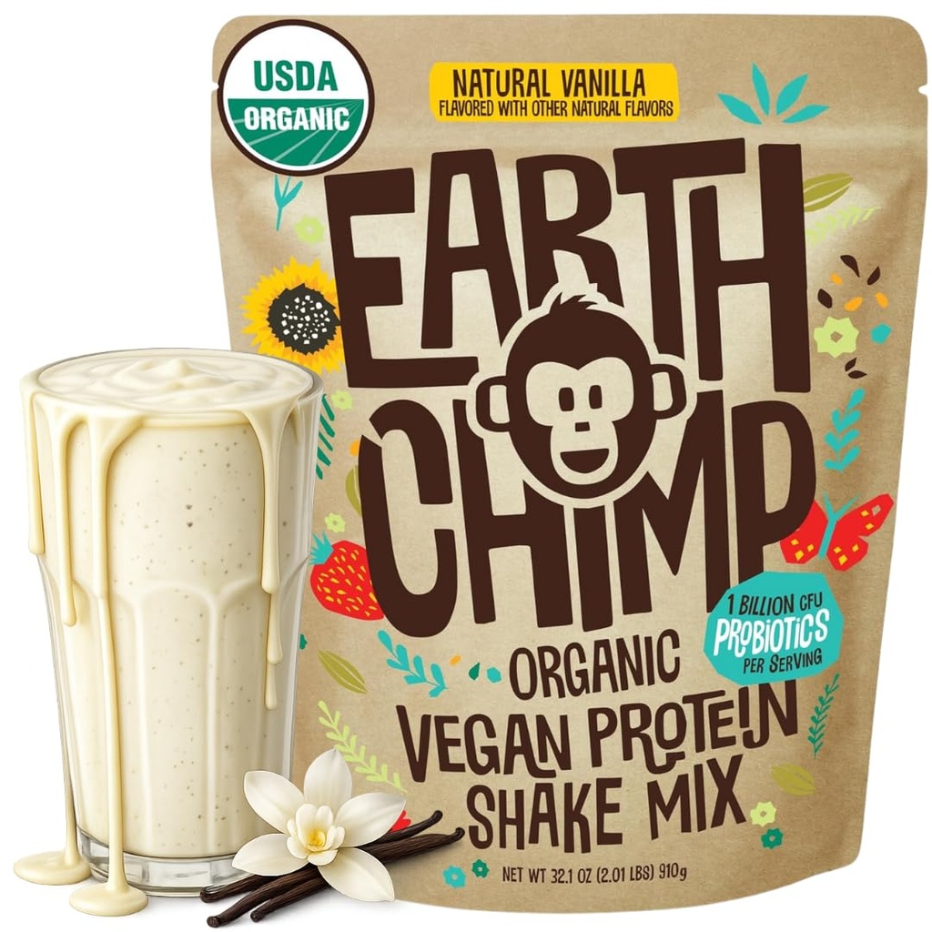 EarthChimp Organic Vegan Protein Powder - with Probiotics - Non GMO, Dairy Free, Non Whey, Plant Based Protein Powder for Women and Men, Gluten Free - 26 Servings 32 Oz (Vanilla)