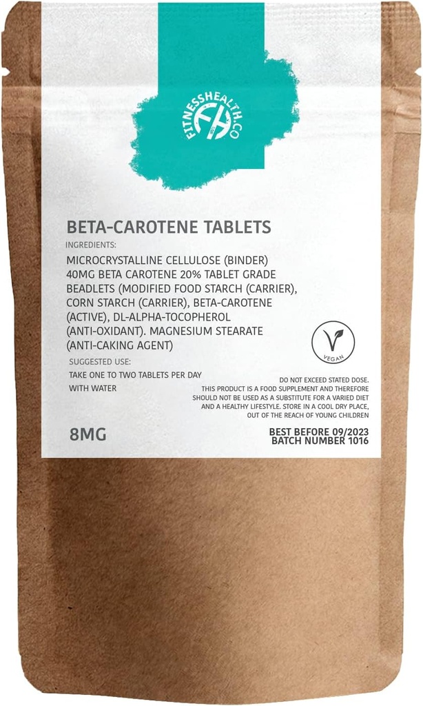 Fitness Health Beta-Carotene 8MG 120 tabletter - ren källa av vitamin A - Hälsosam hud och motståndskraftig system - Tanning Accelerator - Gluten & GMO-Free