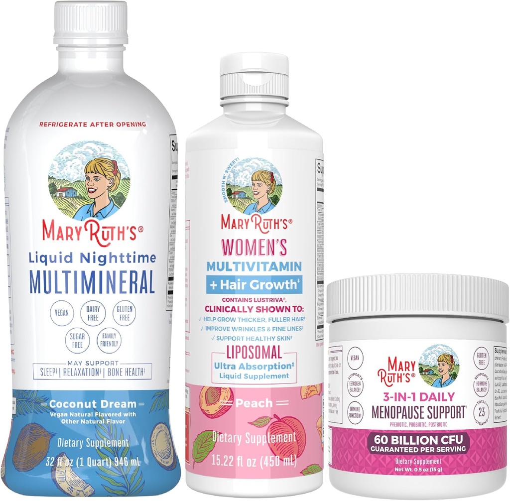 MaryRuth Organics Women's MultivitaminLustriva Hair Growth, Menopause Support och Daily Liquid Multimineral, 3-Pack Bundle för hårstöd, hudhälsa, immunsupport, tarmhälsa och sömnsupport
