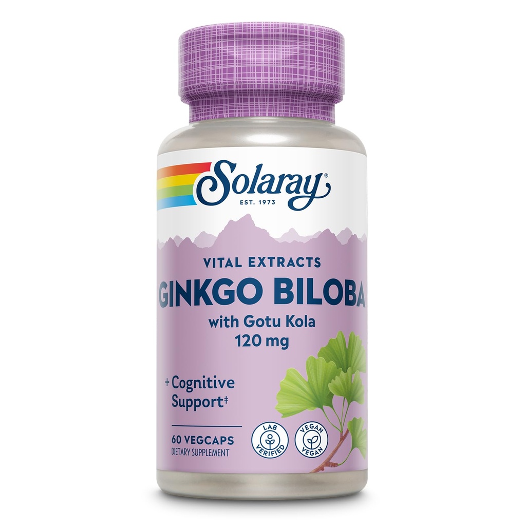 SOLARAY Ginkgo Biloba Extract med Gotu Kola - Ginko Biloba Capsules for Brain Health Support - Vegan, Lab Verified, 60-dagars garanti - 60 portioner, 60 VegCaps (60 VegCaps)