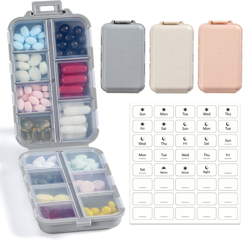LANDNEOO 14 Grids Pill Organizer Box med etiketter, Travel Medication Holder Dispenser Case Kit, Pocket Daily Pharmacy Container för Fish Oil Vitamin Supplement Storage, Khaki Pink Grey, 3 Pack