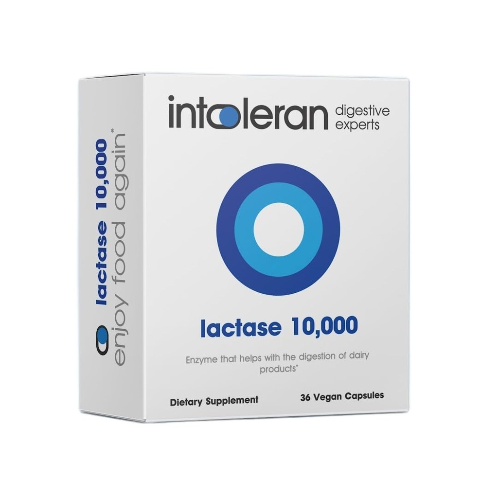 Intoleran Lactase 10 000 Digestive Enzymes - 36 kapslar | Tillskott för laktosintolerans | Laktasenzym som hjälper Digest Dairy & Laktos | Hög doserad och snabbverkande | Pure & Vegan | Lågt FODMAP