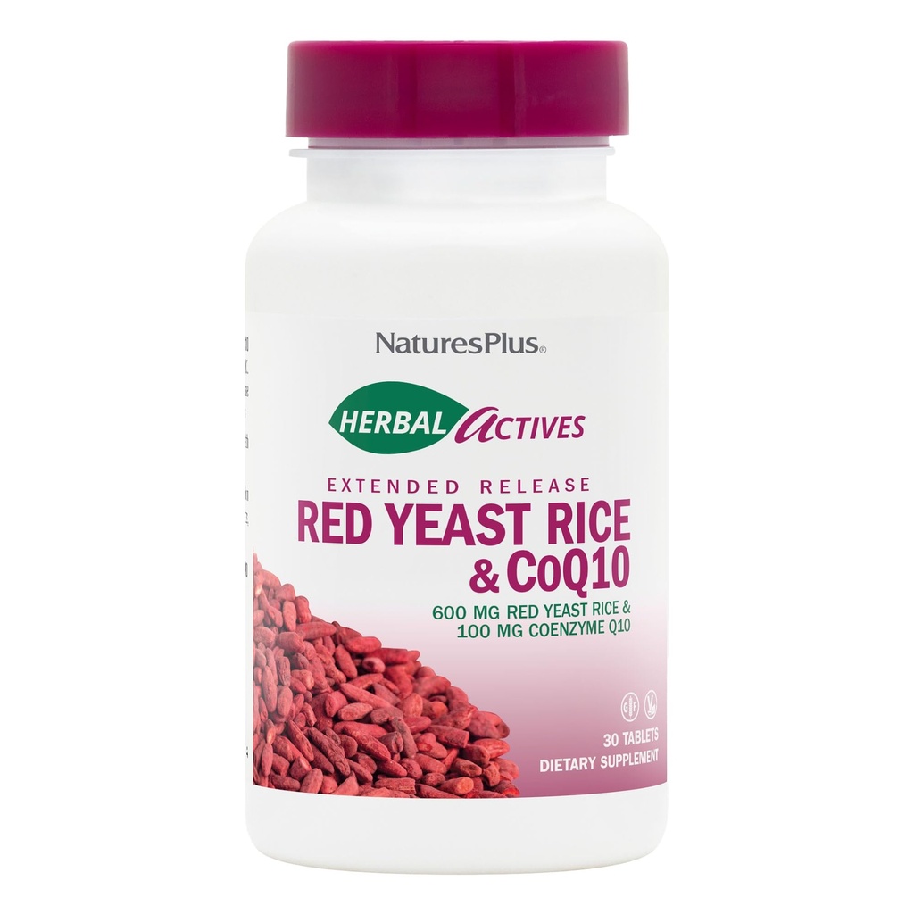 NaturesPlus Herbal Actives Red Yeast Rice 600mg & CoQ10 100mg, Extended Release - 30 Vegan tabletter - Maximal Potency Supplement, Antioxidant - Vegetarisk, Glutenfri - 30 portioner