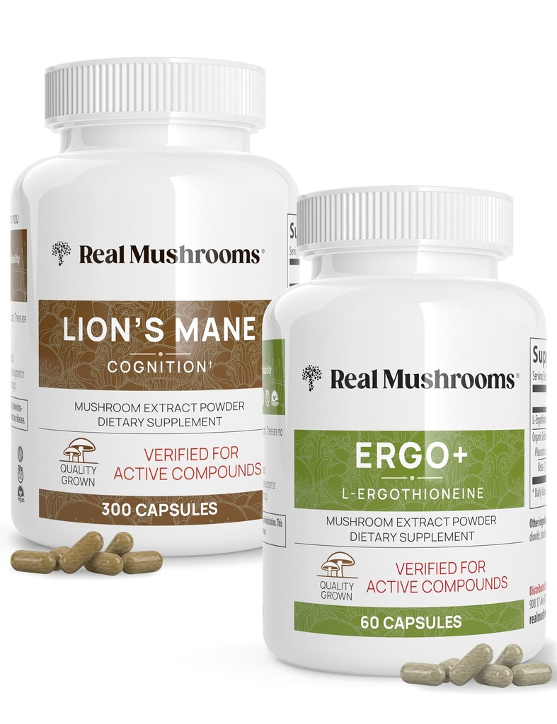 Real Mushrooms Ergothioneine (60ct) och Lions Mane (300ct) Bundle med Shiitake och Oyster Mushroom Extracts - Longevity and Cognition - Vegan, Gluten Free, Non-GMO - Naturligt stöd för hälsosam åldrande