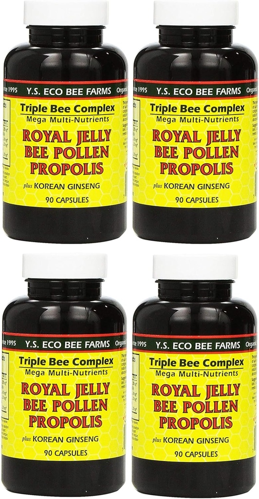 Y.S. Eco Bee Farms, (4 Pack) Royal Jelly, Bee Pollen, Propolis, Plus Korean Ginseng, 90 kapslar