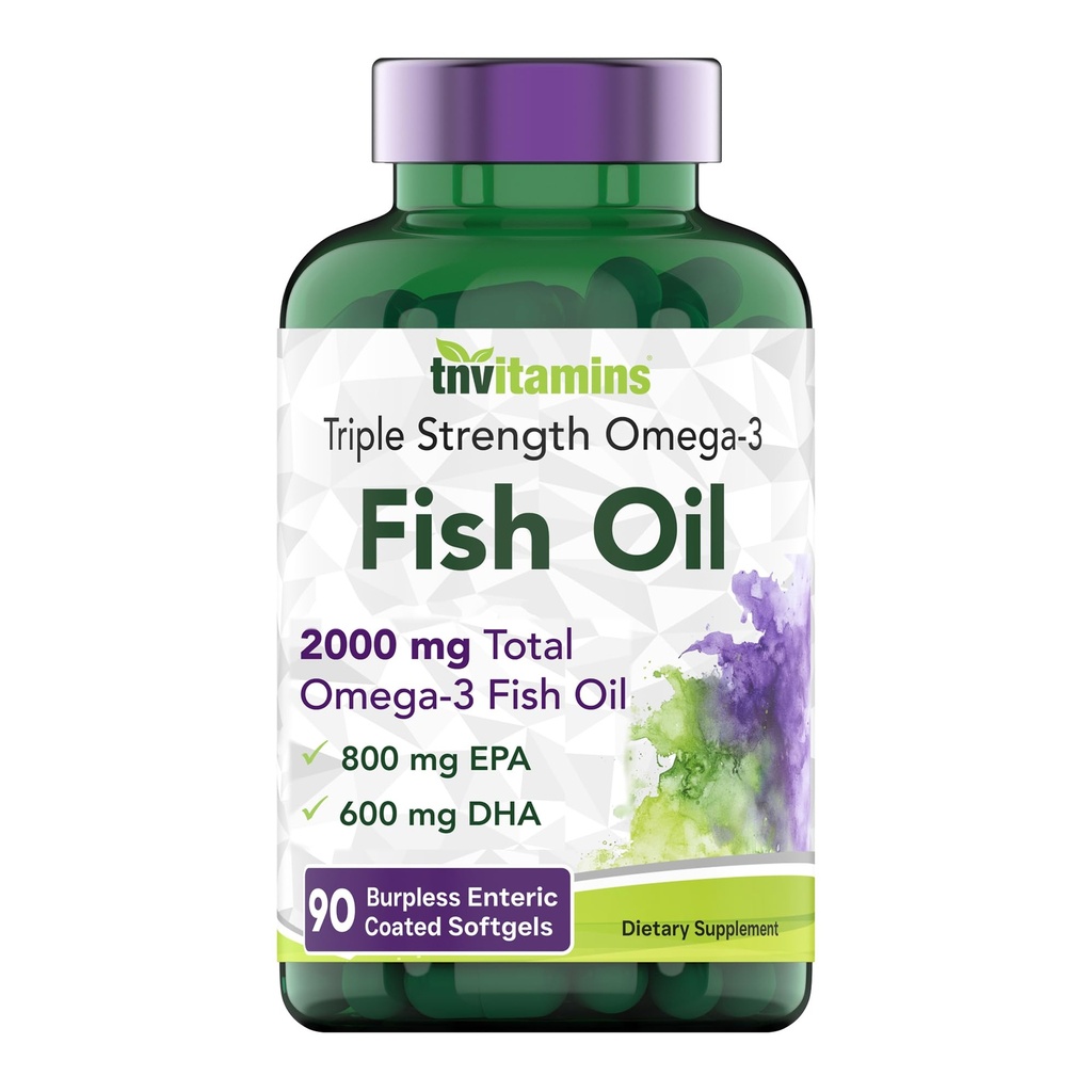 Tnvitamins Burpless Omega-3 Fiskolja: 2000mg - 90 Softgels | 1400mg Total Omega-3 Fatty Acids (800mg EPA & 600mg DHA) | Enteric Coated Burpless Ultra Potent Fish Oil | Stöder hjärthälsa