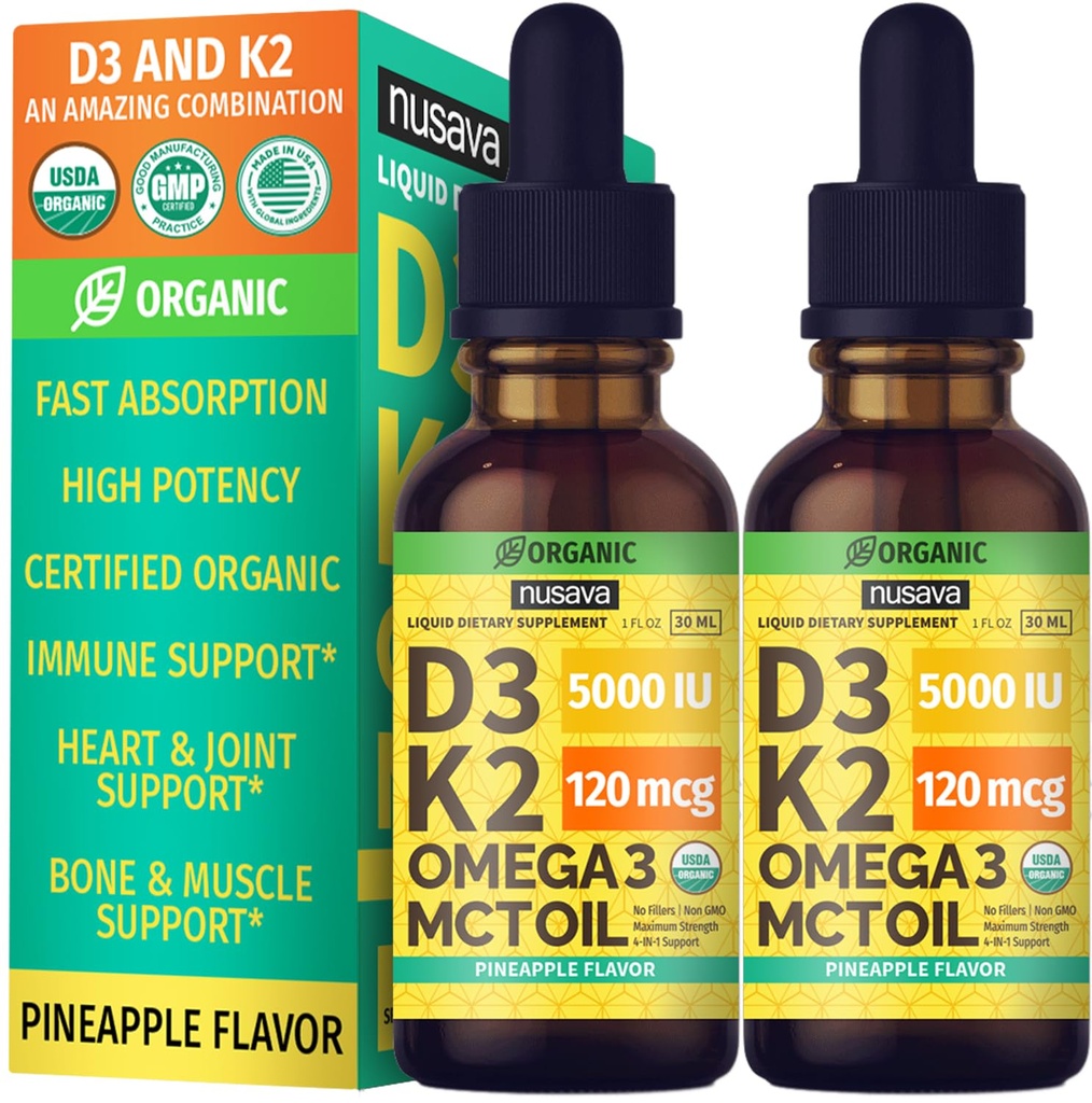(2 Pack) Organisk vitamin D3 K2 droppar med MCT Oil Omega 3, Maximal styrka vitamin D flytande 5000 IE, inga fillers, icke-GMO flytande D3 för snabbare absorption och immunstöd (Pineapple, 2 Fl Oz)