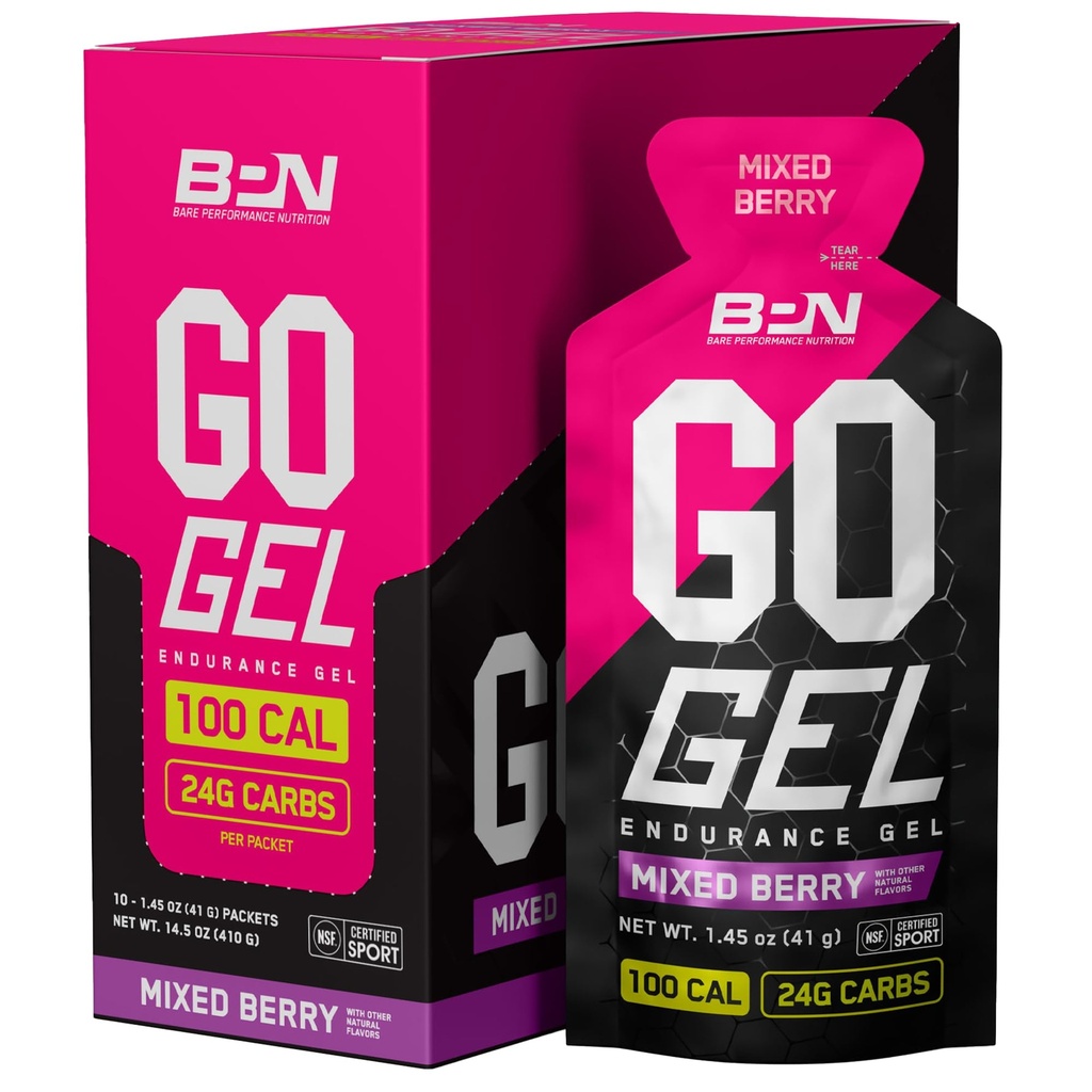 BARE PERFORMANCE NUTRITION, BPN Go Gel Endurance, 24g kolhydrater och 100 kalorier per Pack, Vegan + Gluten Free Running Gel, 10 Single-Serving Packs, Mixed Berry