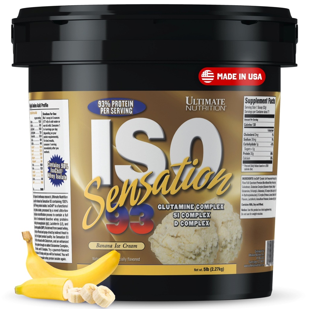 Ultimate Nutrition Whey Protein Isolate Powder with Glutamine Complex, ISO Sensation 93 - Whey Protein Powder with Added Colostrum for Enhanced Recovery, Immunity & Gut Health - Banana, 5lbs