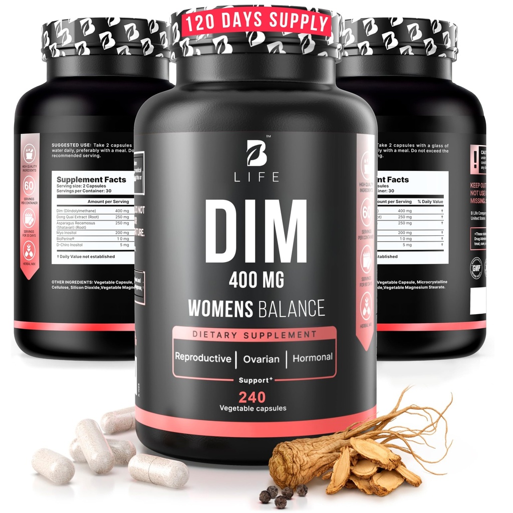 DIM Supplement 400 mg med Myo & D-Chiro Inositol, Dong Quai - PCOS Supplements - Hormonbalans för kvinnor - fertilitetstillskott - Inositol Supplement - 240 Caps