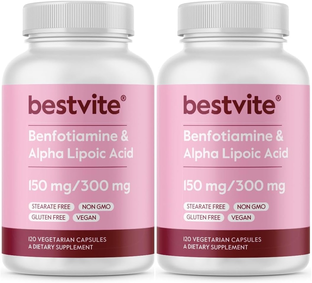 Benfotiamine 150mg / Alpha Lipoic Acid 300mg (240 Vegetarian Capsules)(120x2) - No Stearates - Vegan - Gluten Free - Non GMO