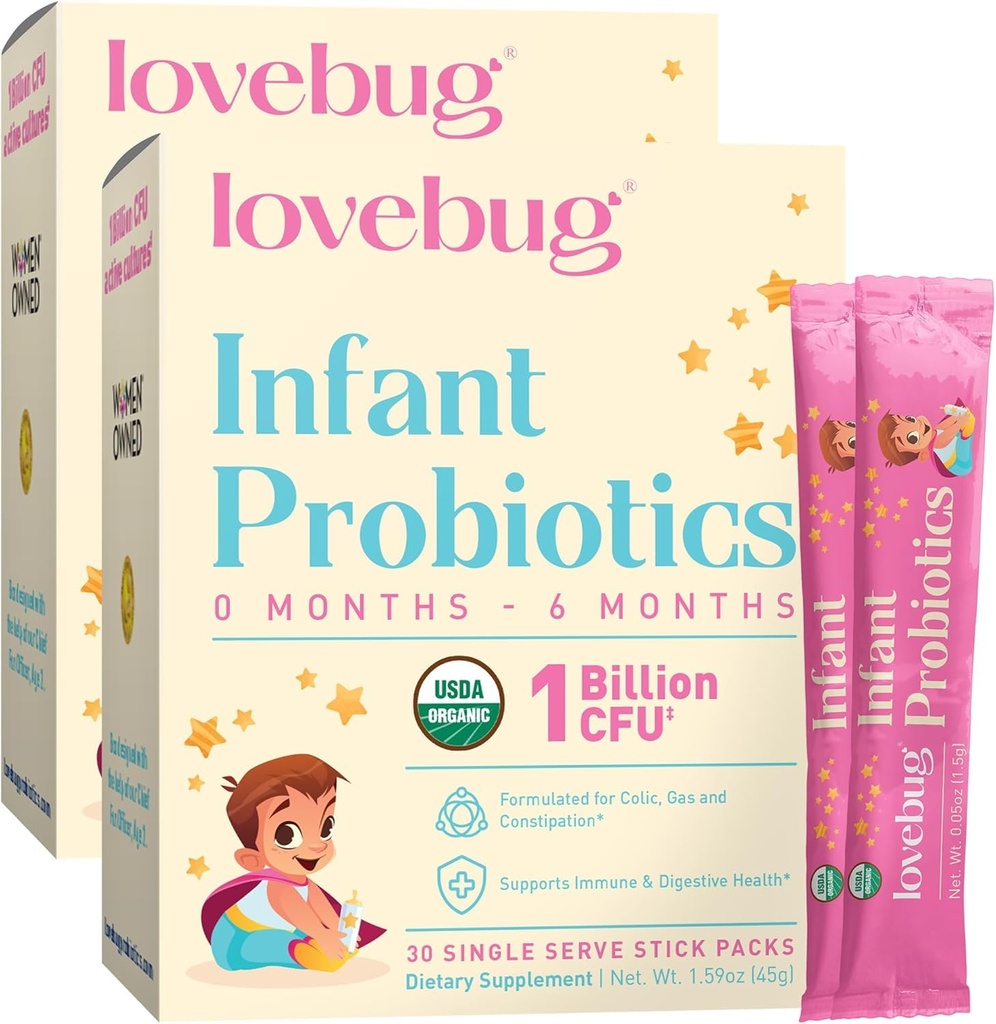 LOVEBUG Infant Probiotics 0-6 månader - USDA Organic Probiotics for Babies, stöder Baby Gas, Colic, Diarrhea och Newborn Constipation Relief, Allergen & Sugar Free, Tasteless Powder, 60 Pack