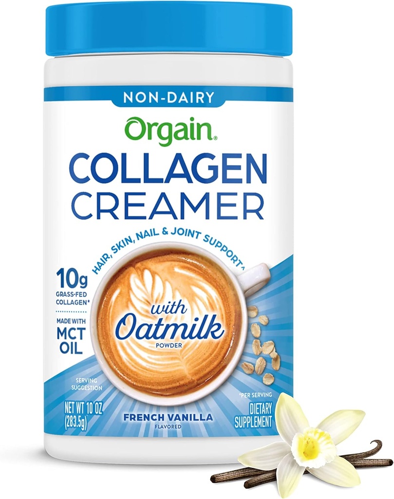Orgain Collagen Coffee Creamer, 10g Grass Fed Hydrolyzed Collagen Peptides, French Vanilla - Med Organic Oat Milk Powder, Coconut Oil, MCT Oil, Avocado Oil, Hair, Skin, Nail och Joint Support - 10oz