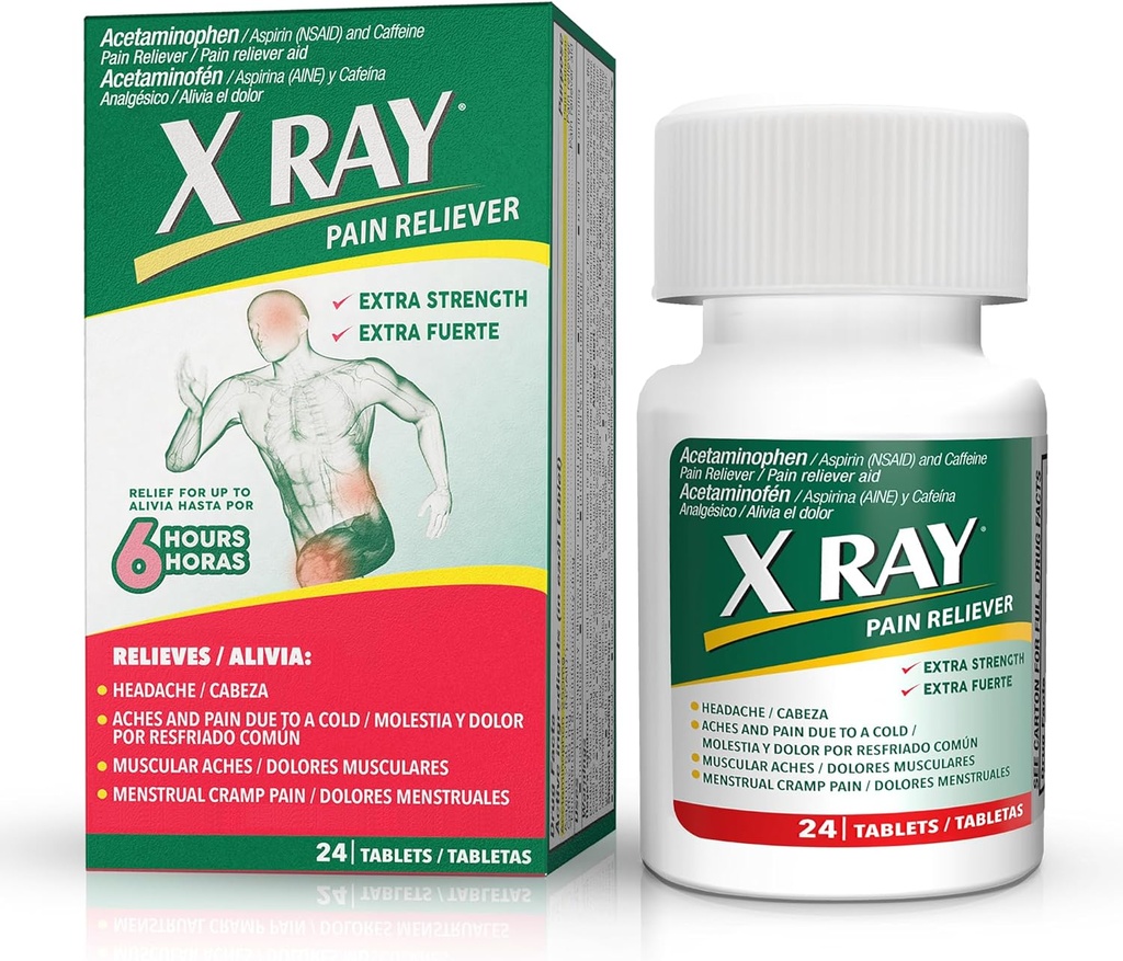 X RAY Extra Strength Pain Reliever: Acetaminophen 500 mg, Aspirin, Koffein - 24 tabletter Varje, Potent Formel för Migraine, Huvudvärk och Back Pain Relief, minskar inflammation