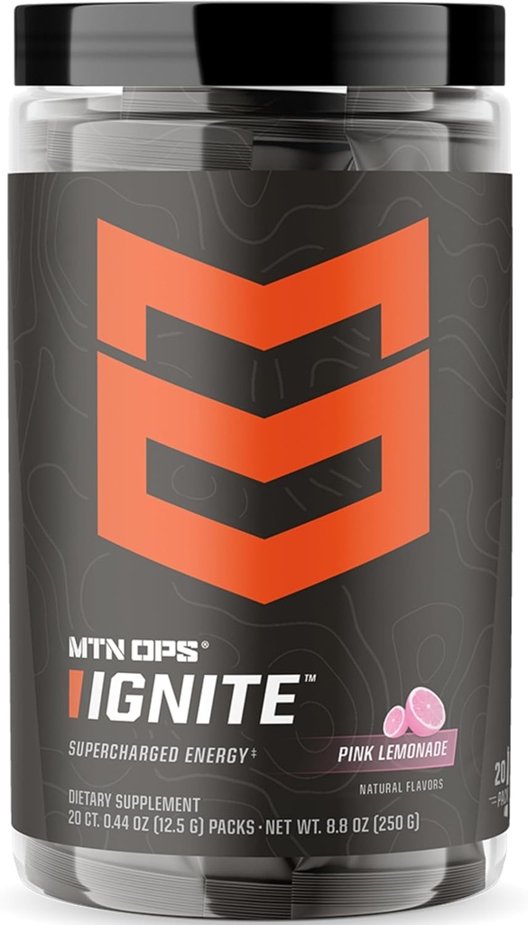 MTN OPS Ignite Trail Packs Energy Drink Powder, Gluten Free Nootropic Supplement Drink Mix, L Arginine, L Citrulline, Caffeine & Nootropic Sugar Free Drink Mix, 20 Servings, Pink Lemonade