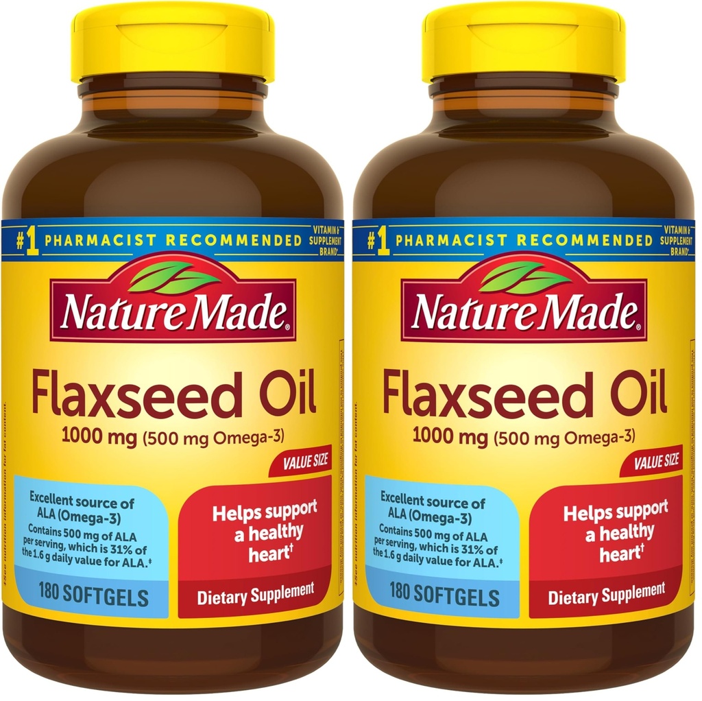 Nature Made Flaxseed Oil 1000 mg, Kosttillskott för hjärthälsostöd, 180 Softgels (Pack of 2)