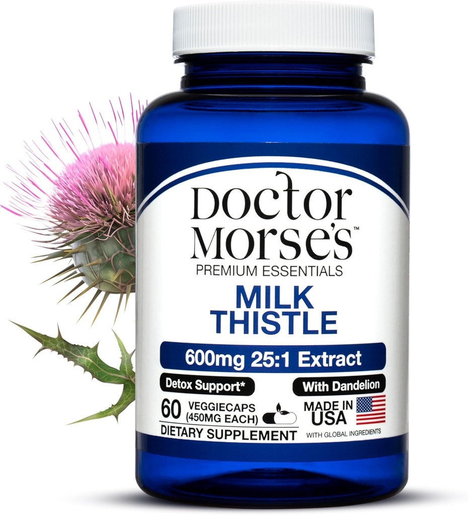 Doctor Morse Milk Thistle Supplement 25:1 Extract 600mg Equivalent to 15000mg, Liver Detox Support 4:1 Extract 300mg Equivalent to 1200mg Dandelion Root - FDA Certified Ultra Potent Formula - 60 Caps