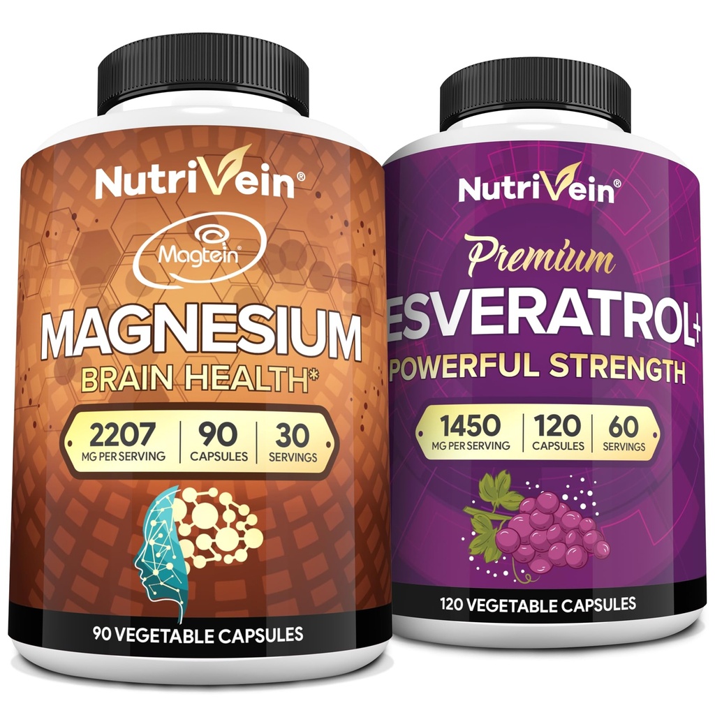 Nutrivein Premium Magnesium L-Threonate & Resveratrol Supplement Bundle: High-Absorption Magnesium Threonate och Resveratrol Capsules för reparation, försvar och vitalitet
