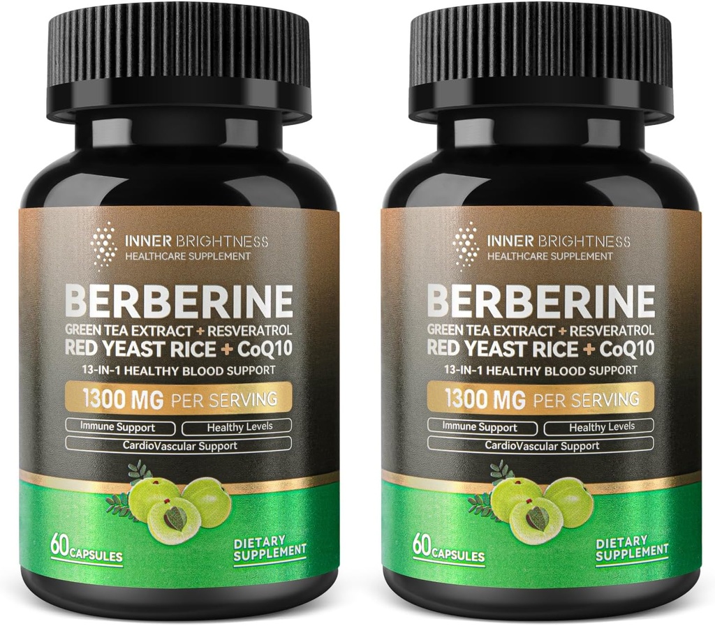 Berberin 1300mg med Green Tea Extract, Resveratrol, Red Yeast Rice & CoQ10 - 13-i-1 Immunhälsa, naturligt metaboliskt stöd - 60 kapslar - Non-GMO, Lab Tested - 2 Pack