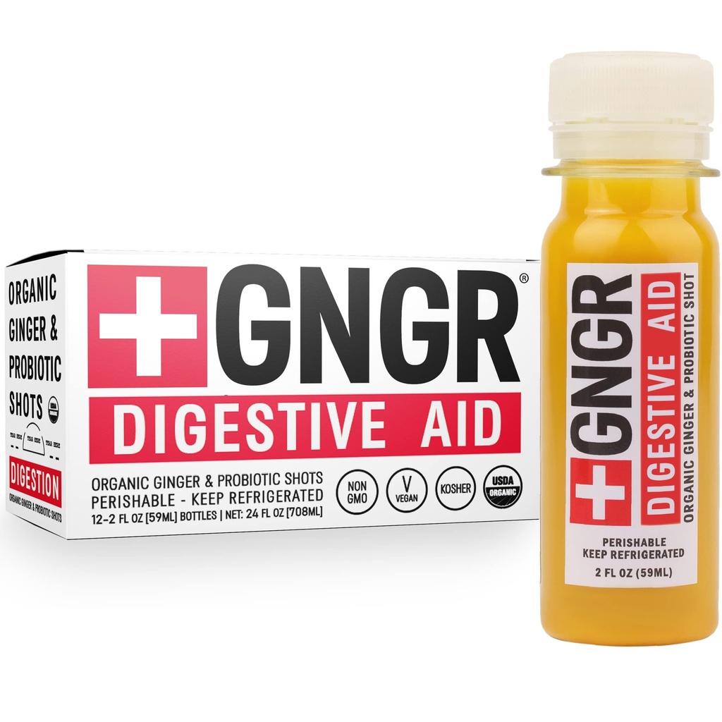 +GNGR Digestive Aid Organic Ginger Shots med Probiotics, Gut Health, Colon Cleanse, Bloating Relief, Gut Detox, Immunity Shots med Ginger Juice, Turmeric, Black Pepper. (2 Oz, Pack 12)