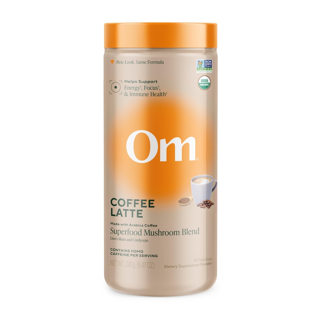 Om Mushroom Superfood Coffee Latte Blend - Funktionell Mushroom Powder med Lion's Mane, Cordyceps, Reishi & Chaga - Energi, Fokus & Mental Clarity Support - 8,47 oz Canister (30 portioner)