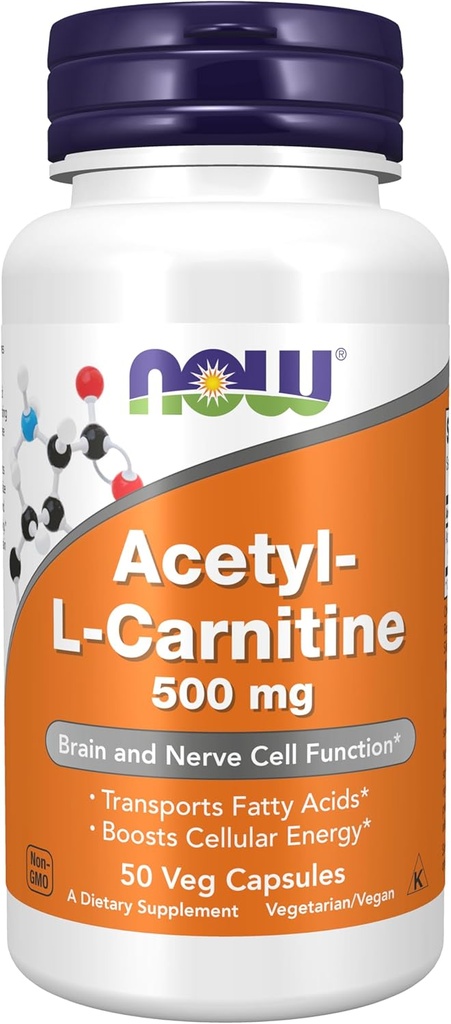 Nu livsmedelstillskott, Acetyl-L Carnitine 500 mg, Aminosyra, hjärna och nervcellsfunktion *, 50 Veg kapslar