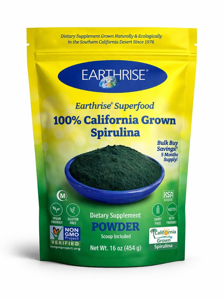 Earthrise Spirulina Natural Powder 16oz, Natural Premium Spirulina från Kalifornien- Vegan, Gluten Free, Keto Friendly, Non -GMO Super Food högt i vitaminer och mineraler. (1 LB)