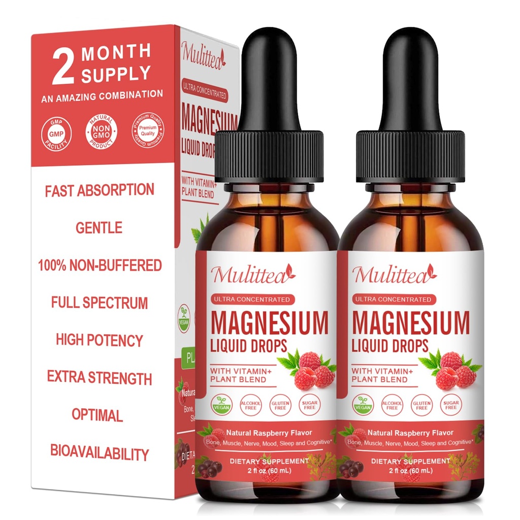 Magnesium Glycinate Liquid Drop - Triple Absorption Supplement för att stödja nerver, sömn, lugn, hjärta, muskler * - Sockerfri med kalium, L-Theanin, Sea Moss, vitamin B, C, D3, K2-2Pack