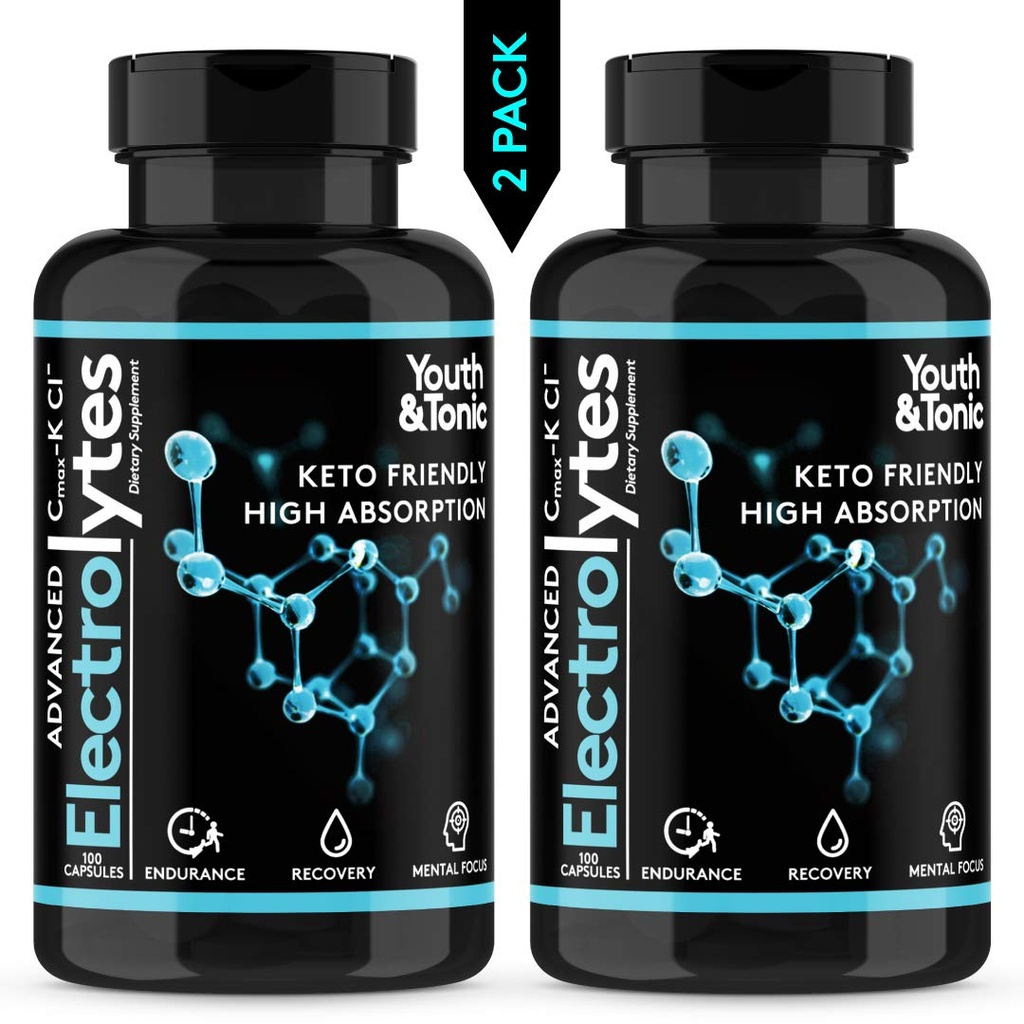 Complete Electrolyte Supplement w High Bioavailability and Cmax Chloride Potassium Magnesium for Endurance Muscle Recovery Mental Focus. Rapid Rehydration Salts and Keto Friendly Pills with 200 caps