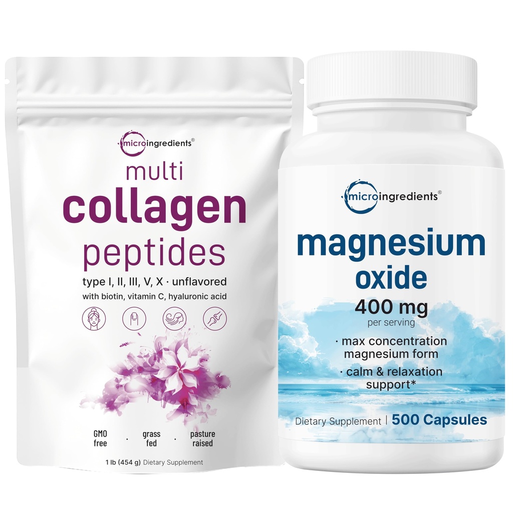 Micro Ingredients Multi Collagen Protein Powder 16oz & Magnesium Oxide 400mg Bundle Pack | Grass-Fed Collagen Peptides | Elemental Form for Max Concentration