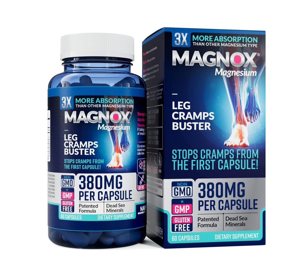 MAGNOX® Leg Cramps Buster | 380mg Magnesium för Leg Cramps på natten | Magnesium Supplement for Muscle Spasms | 3X More Absorption | Döda havsmineraler | Sleep & Muscle | 60 Caps