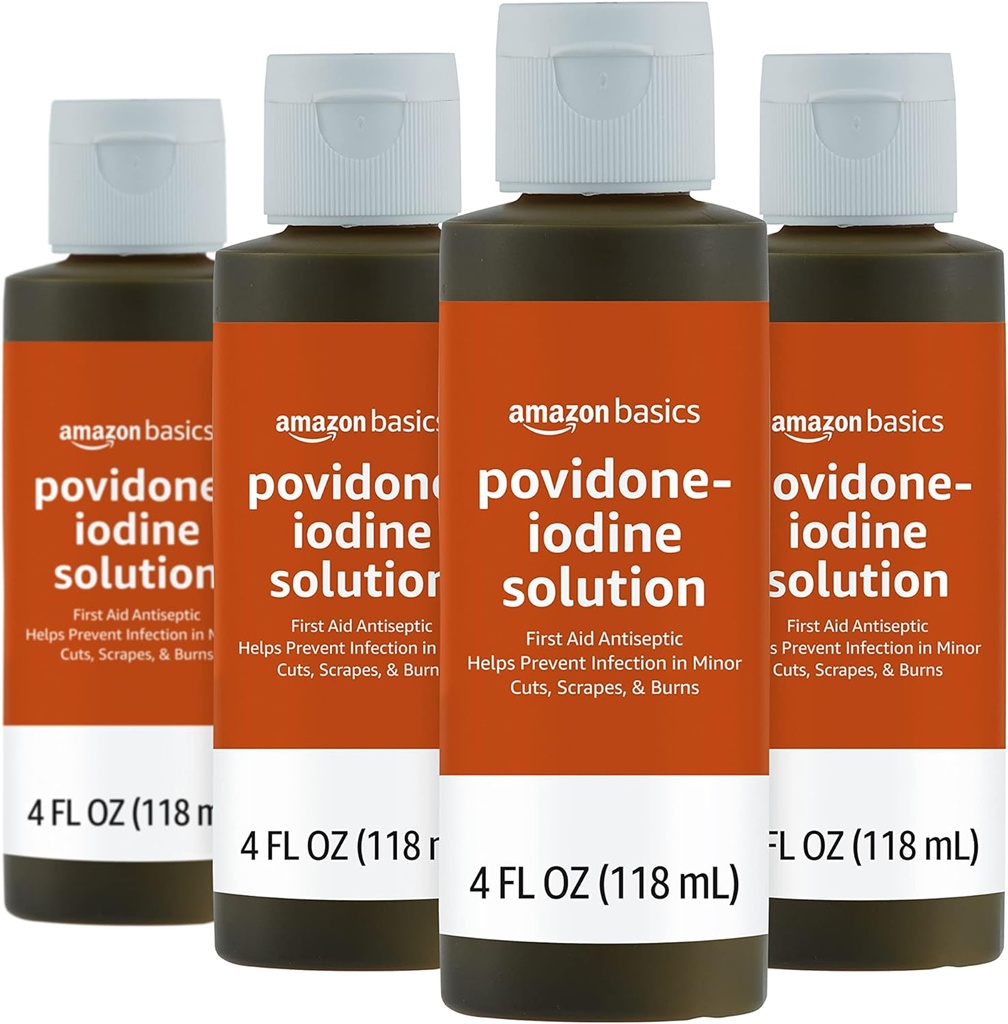 Basics First Aid Antiseptic, 10% Povidone Iodine Solution, 4 Fluid Ounces, 4-Pack (tidigare Solimo)