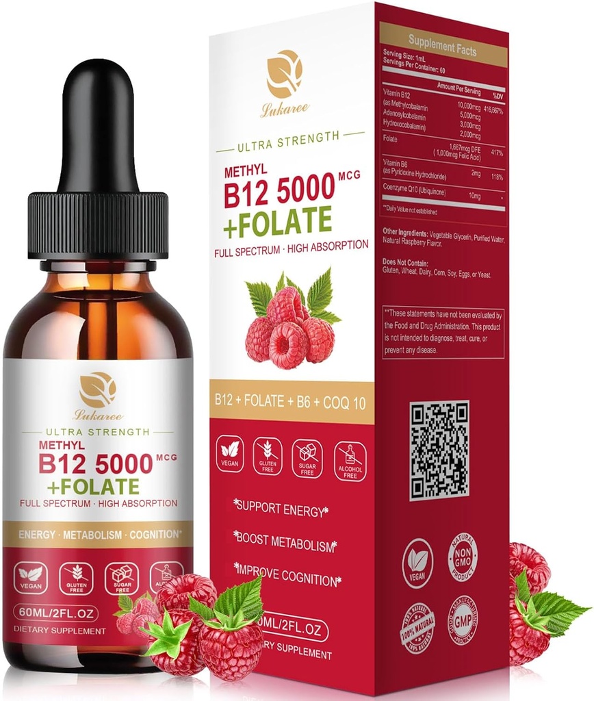 Lukaree Vitamin B12 Sublingual Drops Vegan B12 Vitamins Liquid-Full Spectrum-Methylcobalamin, Adenosyl & Hydroxy B12, för energi, fokus, humör och immunstöd - 2 månaders leverans, 2 fl oz