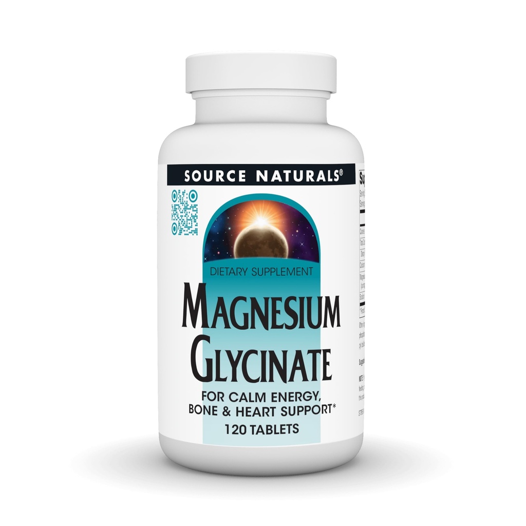 Källa Naturals Magnesium Glycinate, chelated för hög absorption | för Calm Energy, Bone & Heart Support *, 200 mg per Servering - 120 tabletter