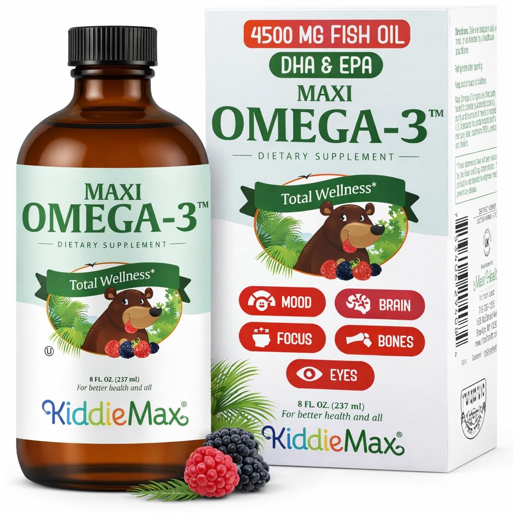 Maxi Health Omega 3 för barntillskott - Kosher Omega 3 Kids Fish Oil Liquid med DHA & EPA - Liquid Fish Oil Supplement med Fruity Burst Flavor för att stödja humör, hjärna, fokus, ben och ögon (8 oz)