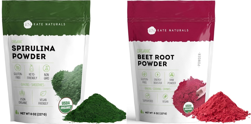 Kate Naturals Organic Spirulina Powder och Beet Root Powder Bundle