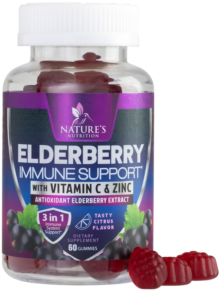 Immune Support Gummies - Sambucus Elderberry Gummy med äldste Berry Extract, Zink & Vitamin C, Natural Vegan Immune Support Supplement för vuxna och barn, Gummy Elderberry Vitamins - 60 Gummies