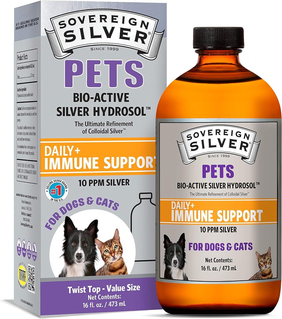 Sovereign Silver Pets Immune Support - Colloidal Silver, Bio-Active Silver Hydrosol, för hundar och katter, 10 ppm, Liquid Twist Top, 16 Fl Oz, (473 ml)