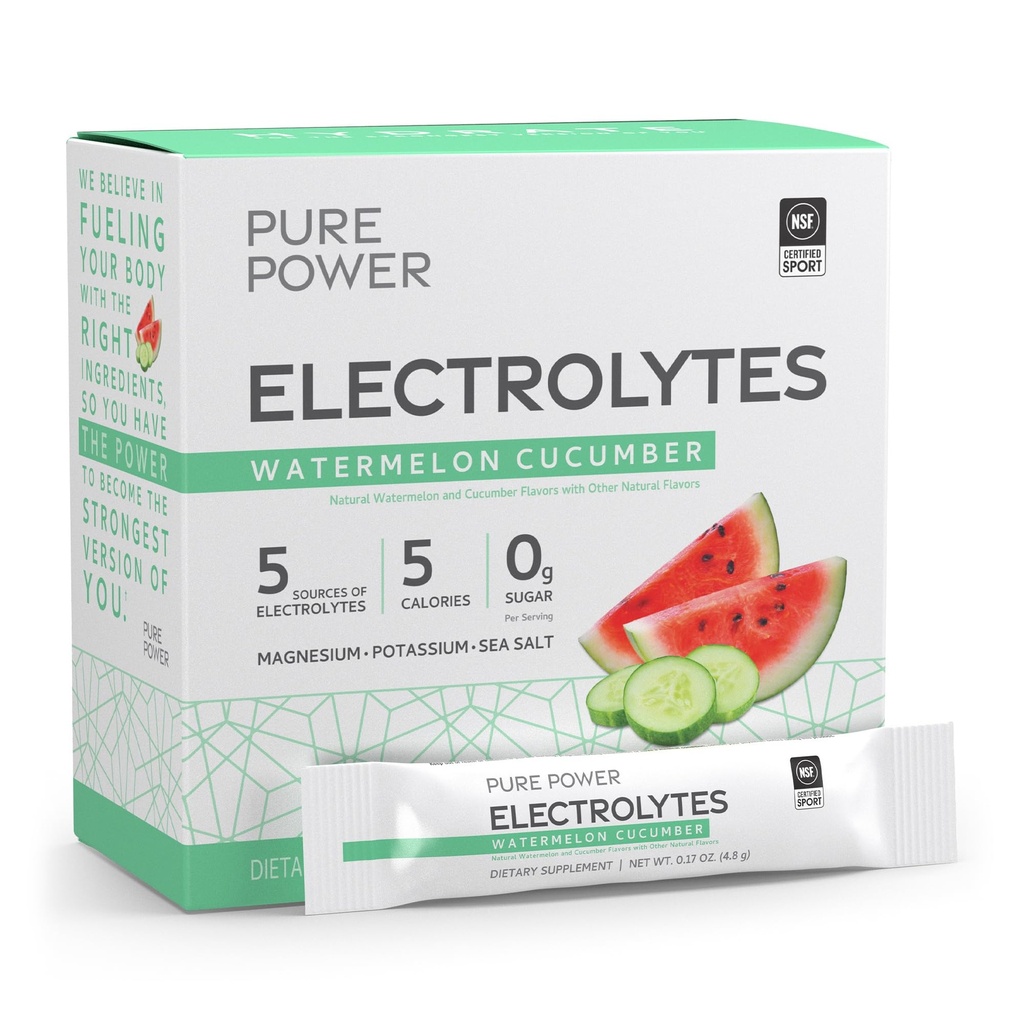 Pure Power Electrolytes, Watermelon Cucumber Flavor, 5.13 oz (145.6 g), 30 portioner (30 paket), 5 kalorier och 0 g Sugar Per Servering, Non-GMO, NSF Certified for Sport, Dr Mercola