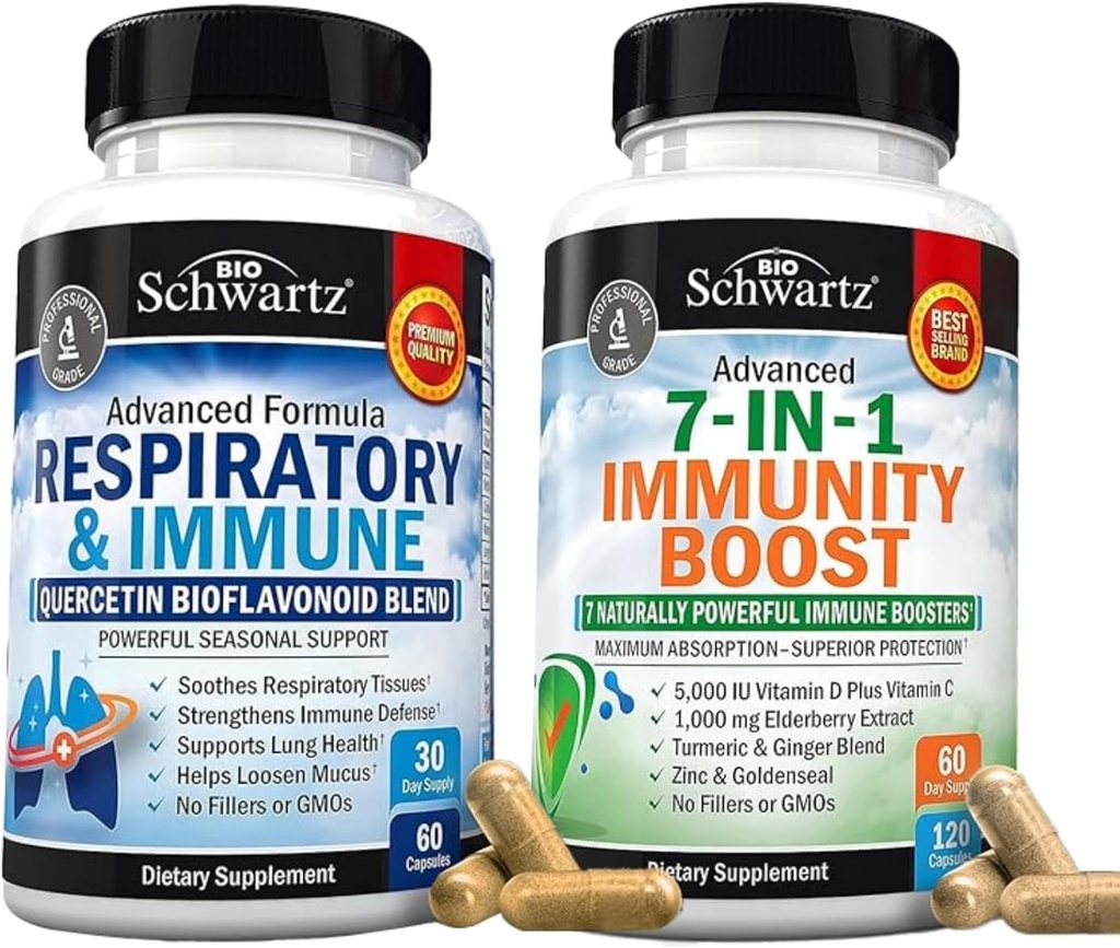 BioSchwartz Respiratory & Immune Lung Support Supplement med Quercetin (1 Month Supply) Plus 7 i 1 Immun Support Supplement med antioxidanter (2 Månadsförsörjning)